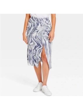 A New Day Marble-Print Midi Skirt in White & Blue with Front Slit